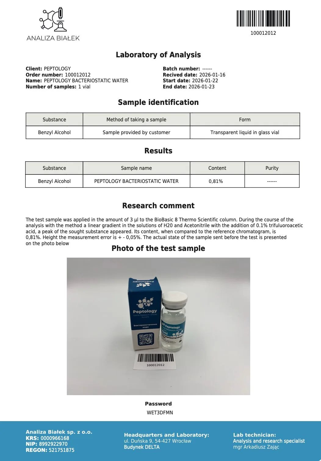 Bacteriostatic water – HPLC purity certificate