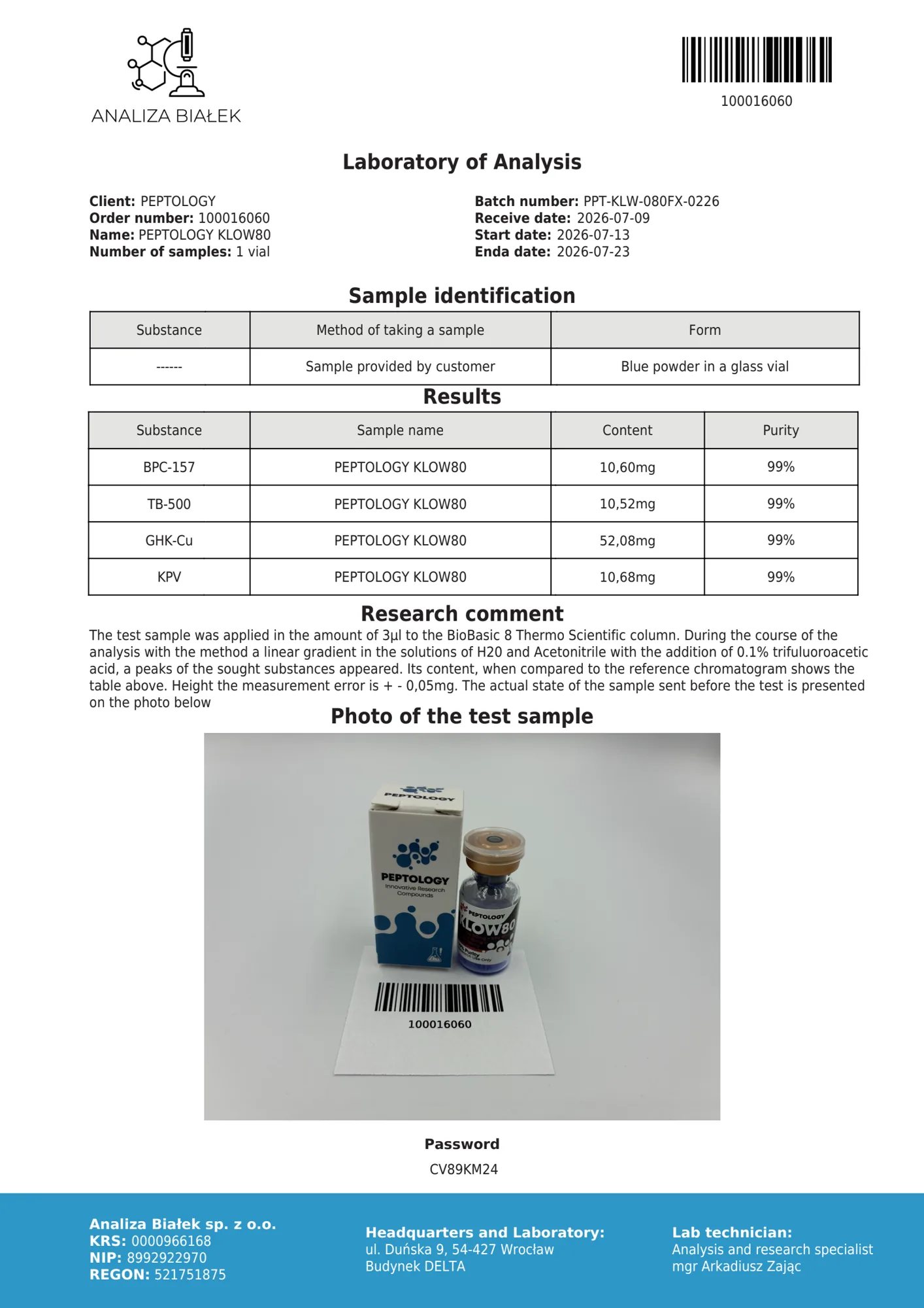 KLOW80 80 mg – HPLC purity certificate, batch 0226
