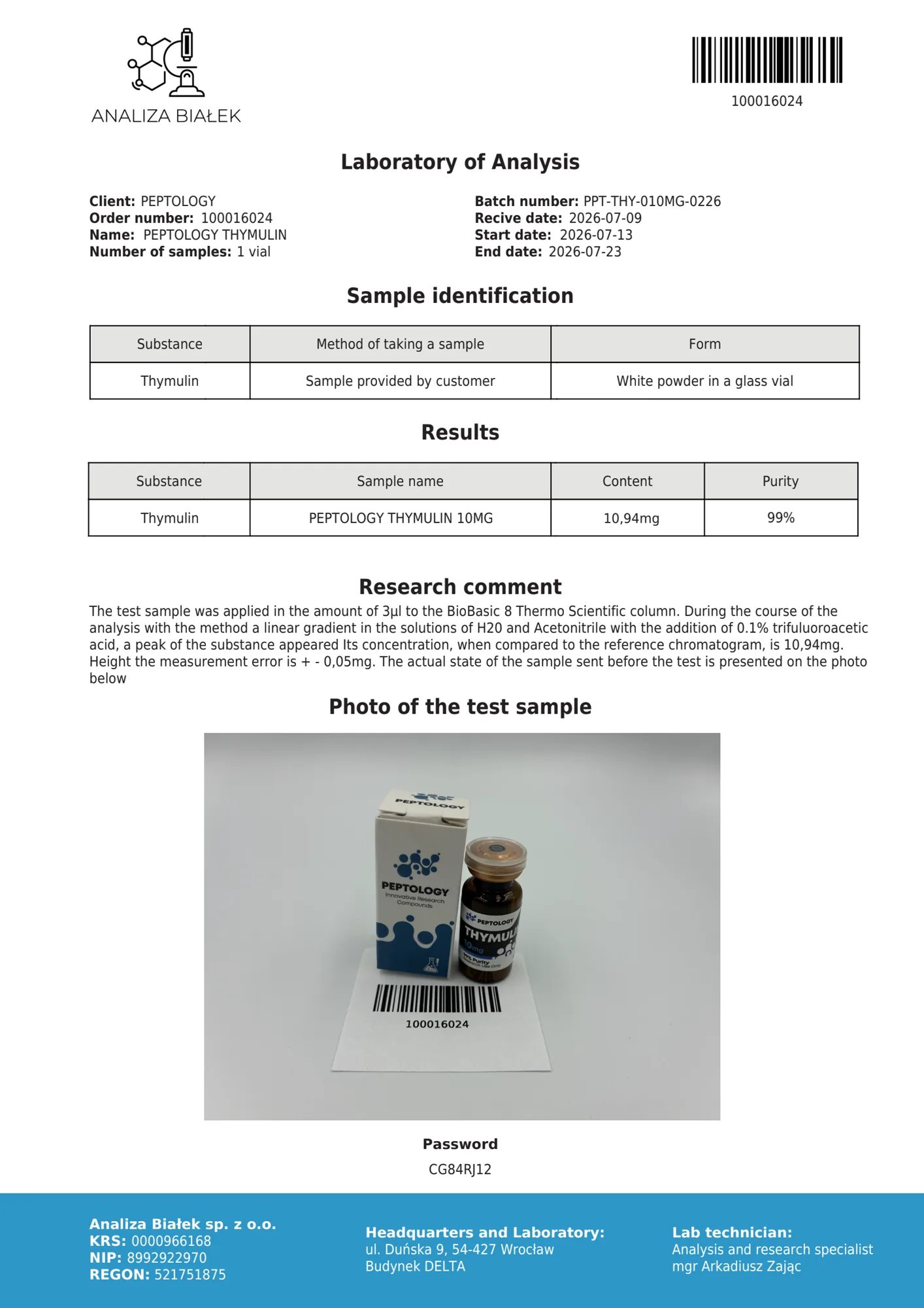 Thymulin 10 mg – HPLC purity certificate, batch 0226