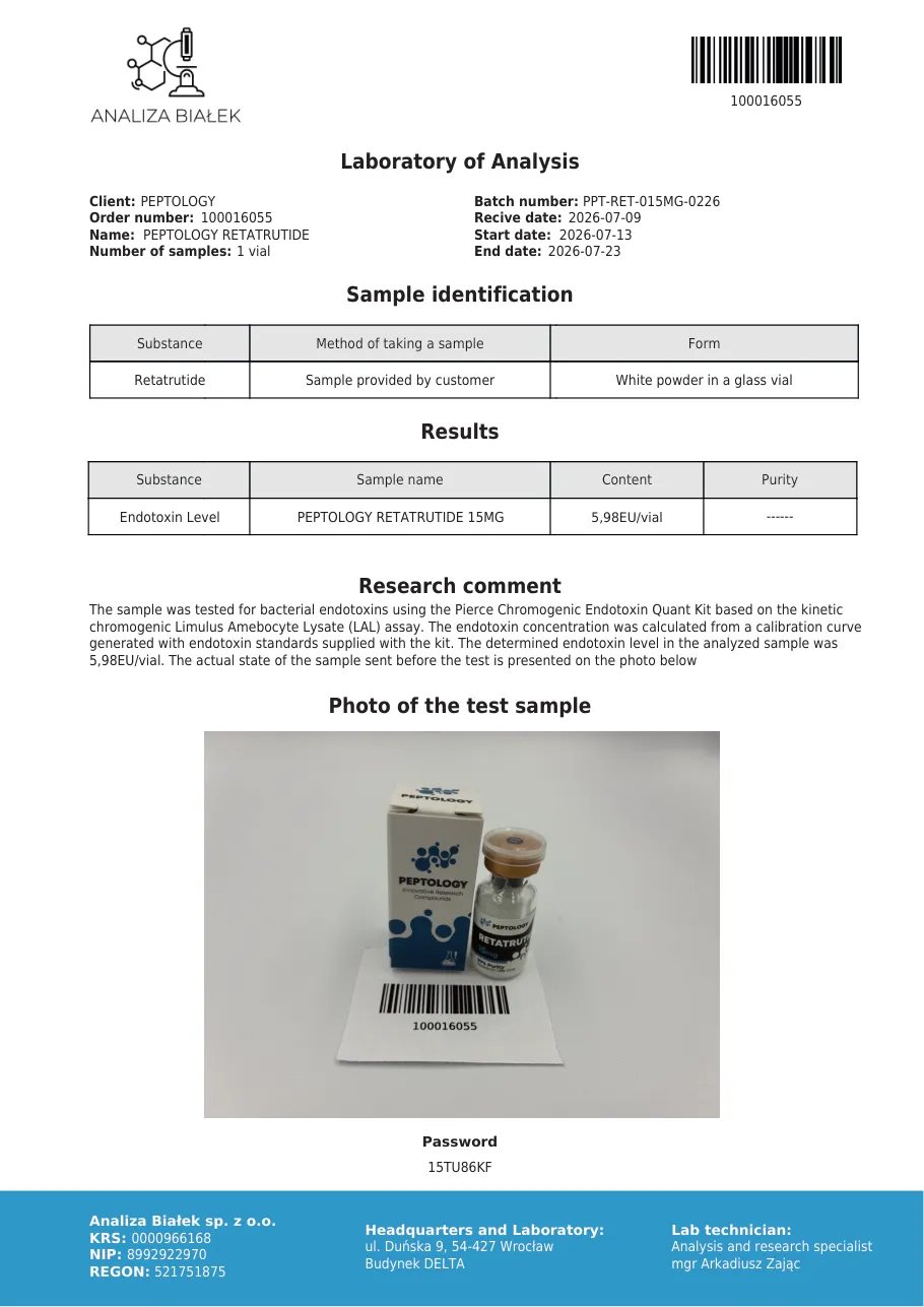Retatrutide 15 mg – endotoxin test, batch 0226