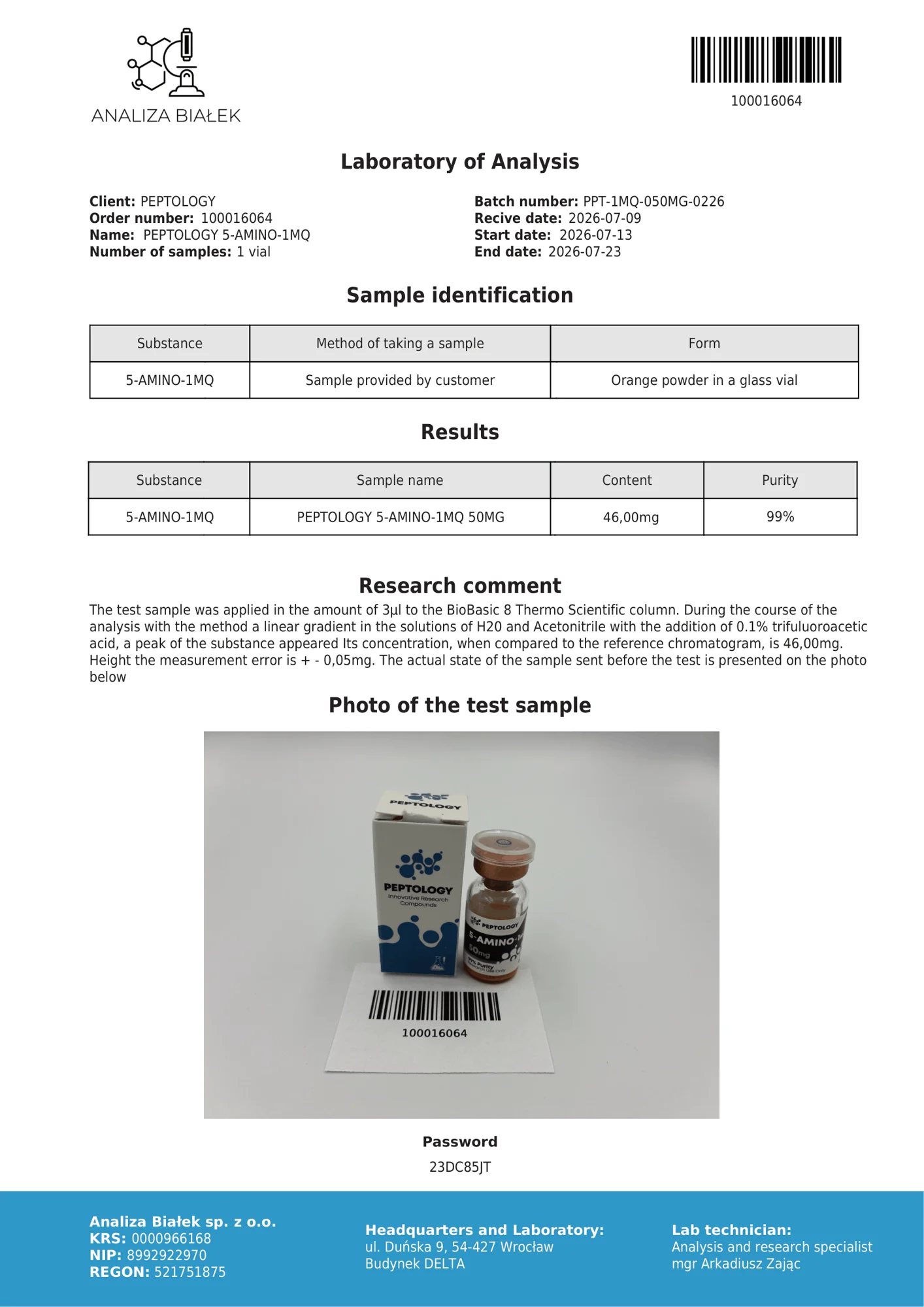 5-Amino-1MQ 50 mg – HPLC purity certificate, batch 0226