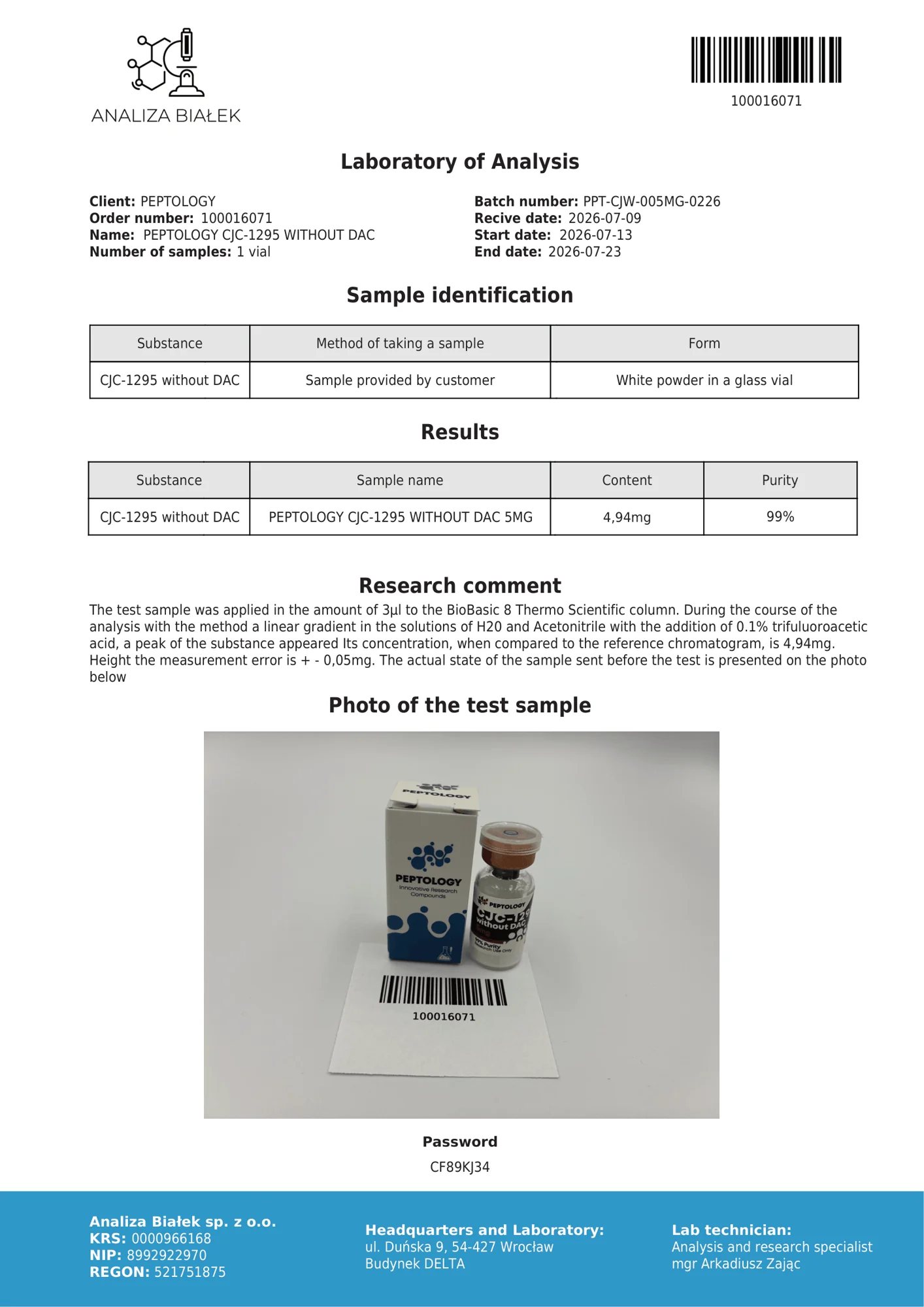 CJC‑1295 without DAC 5 mg – HPLC purity certificate, batch 0226