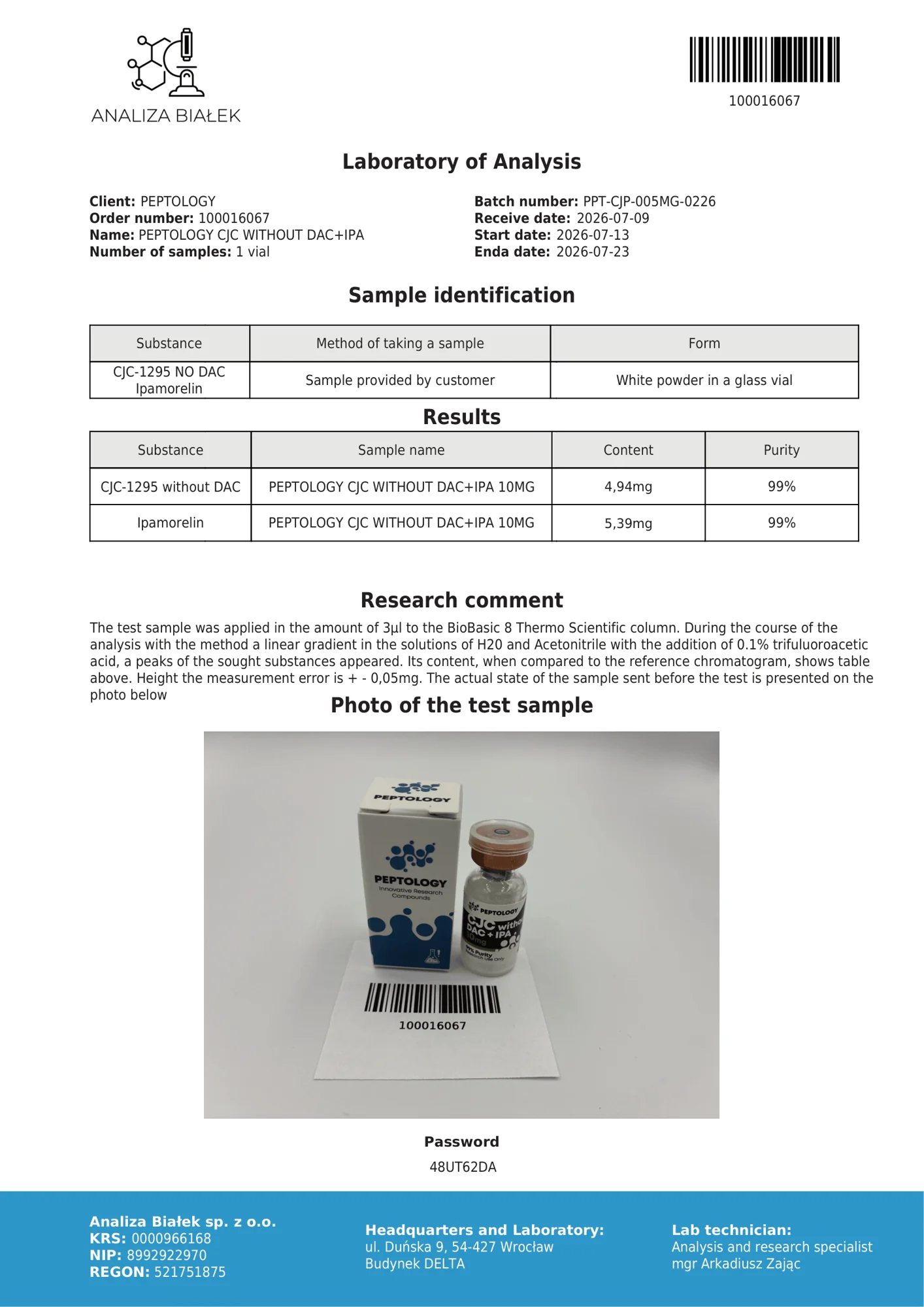 CJC-1295 + Ipamorelin 10 mg – HPLC purity certificate, batch 0226