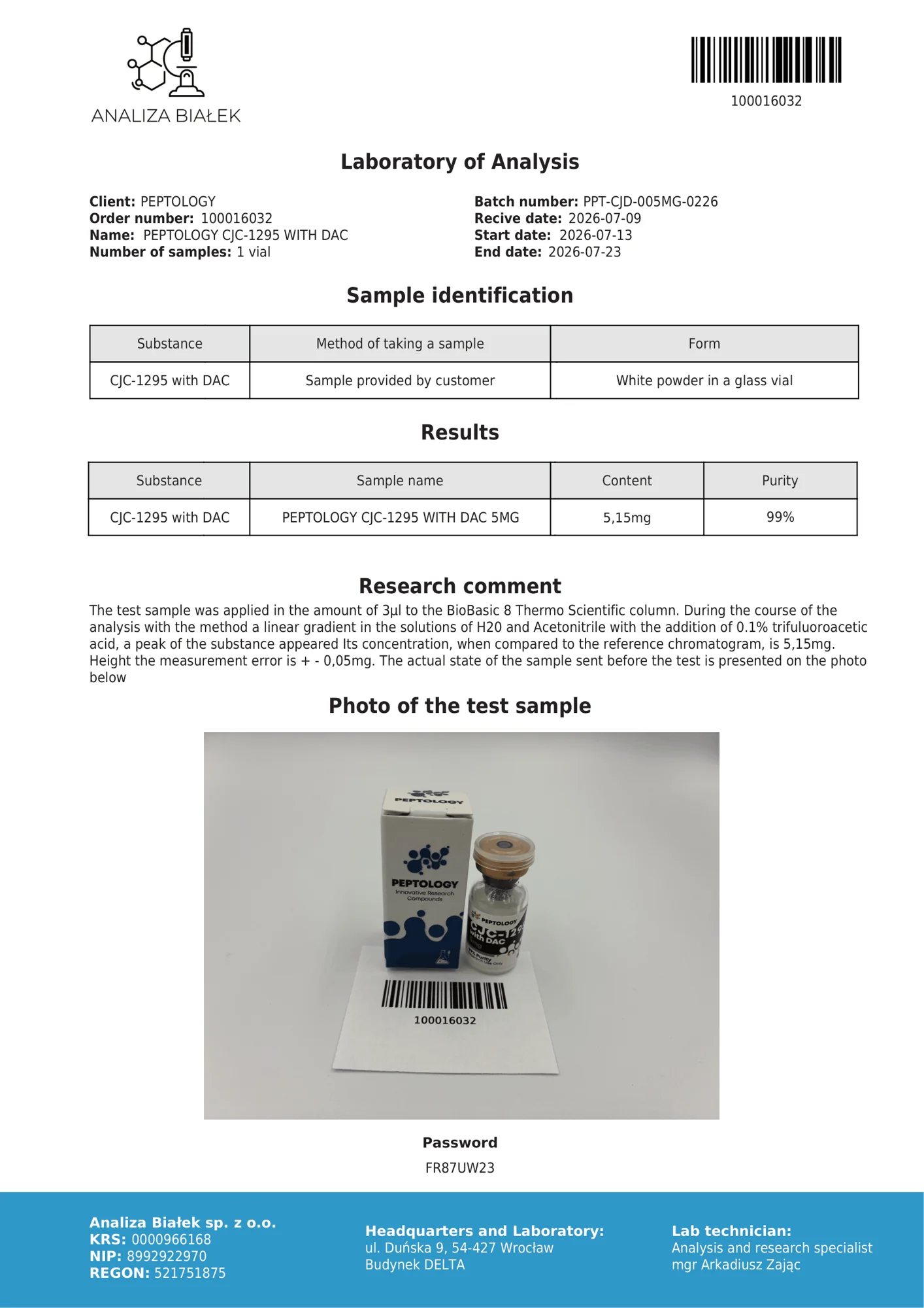 CJC‑1295 with DAC 5 mg – HPLC purity certificate, batch 0226