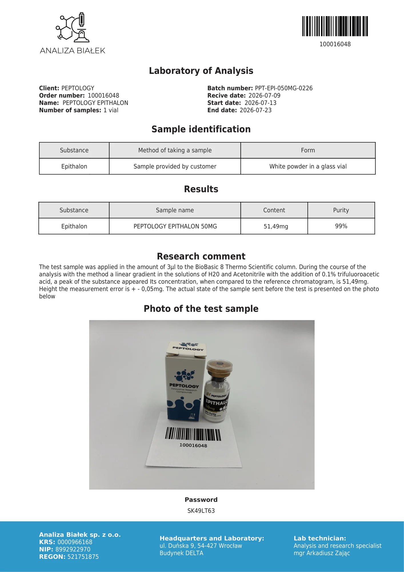 Epithalon 50 mg – HPLC purity certificate, batch 0226