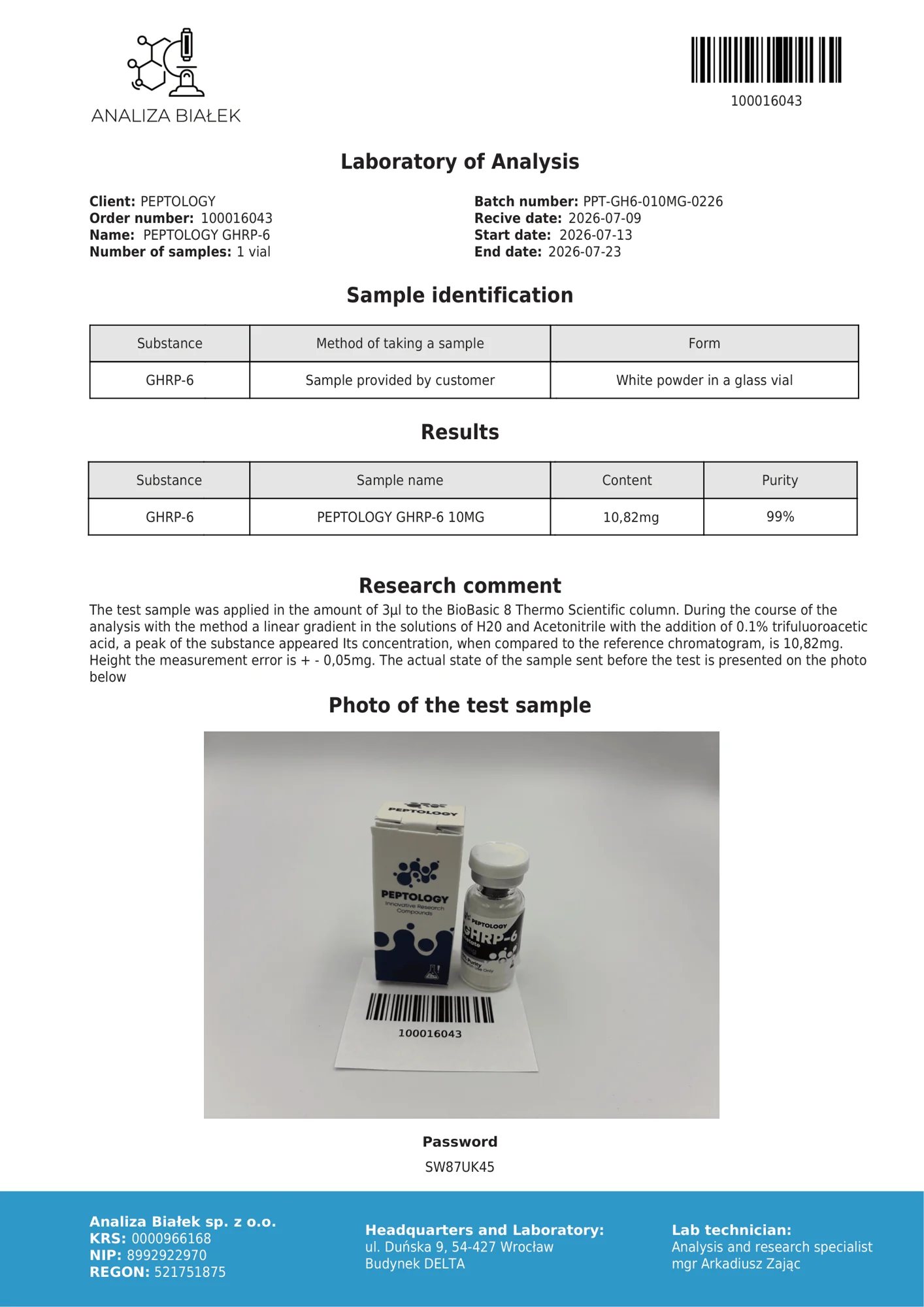 GHRP-6 10 mg – HPLC purity certificate, batch 0226