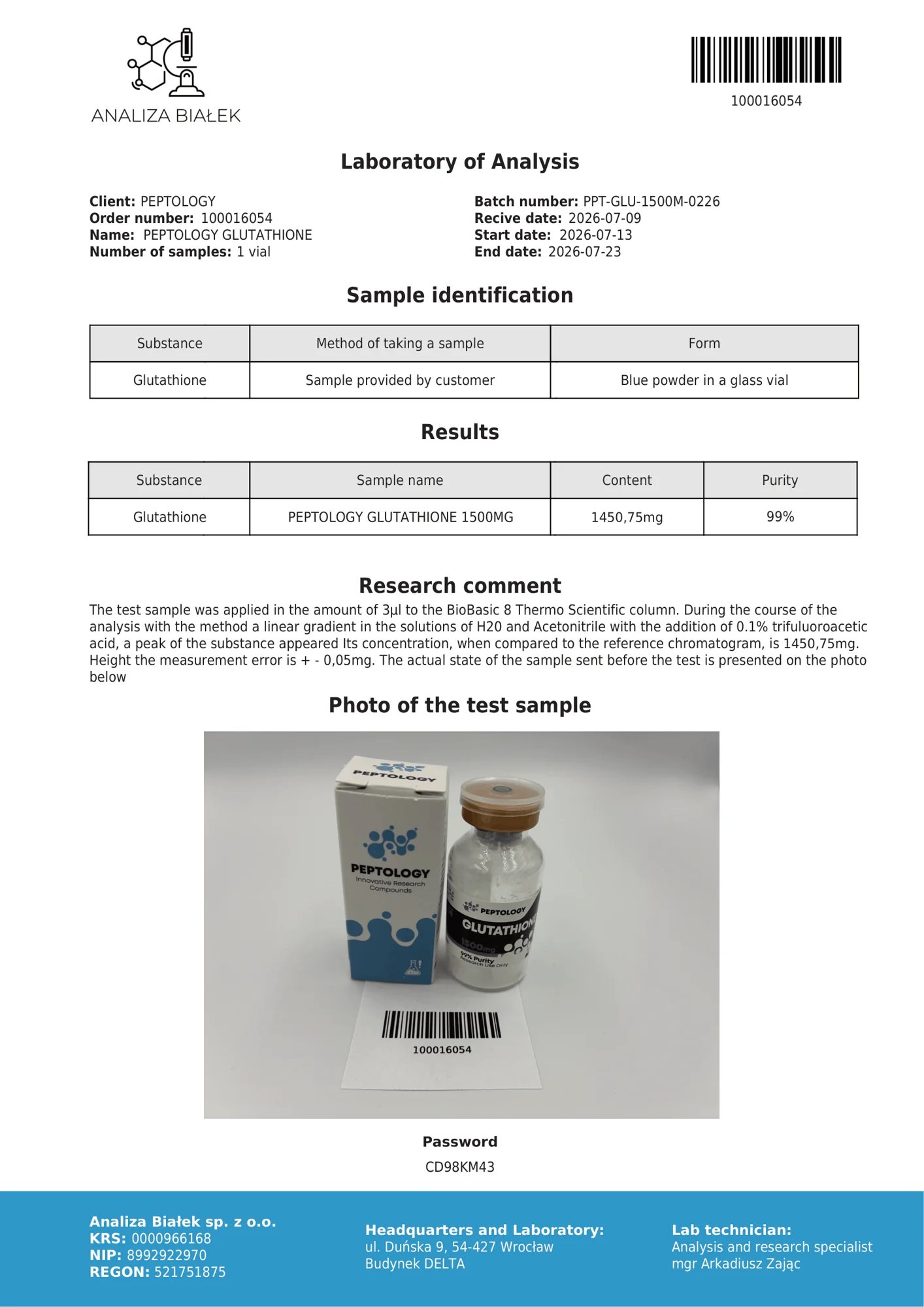 Glutathione 1500 mg – HPLC purity certificate, batch 0226