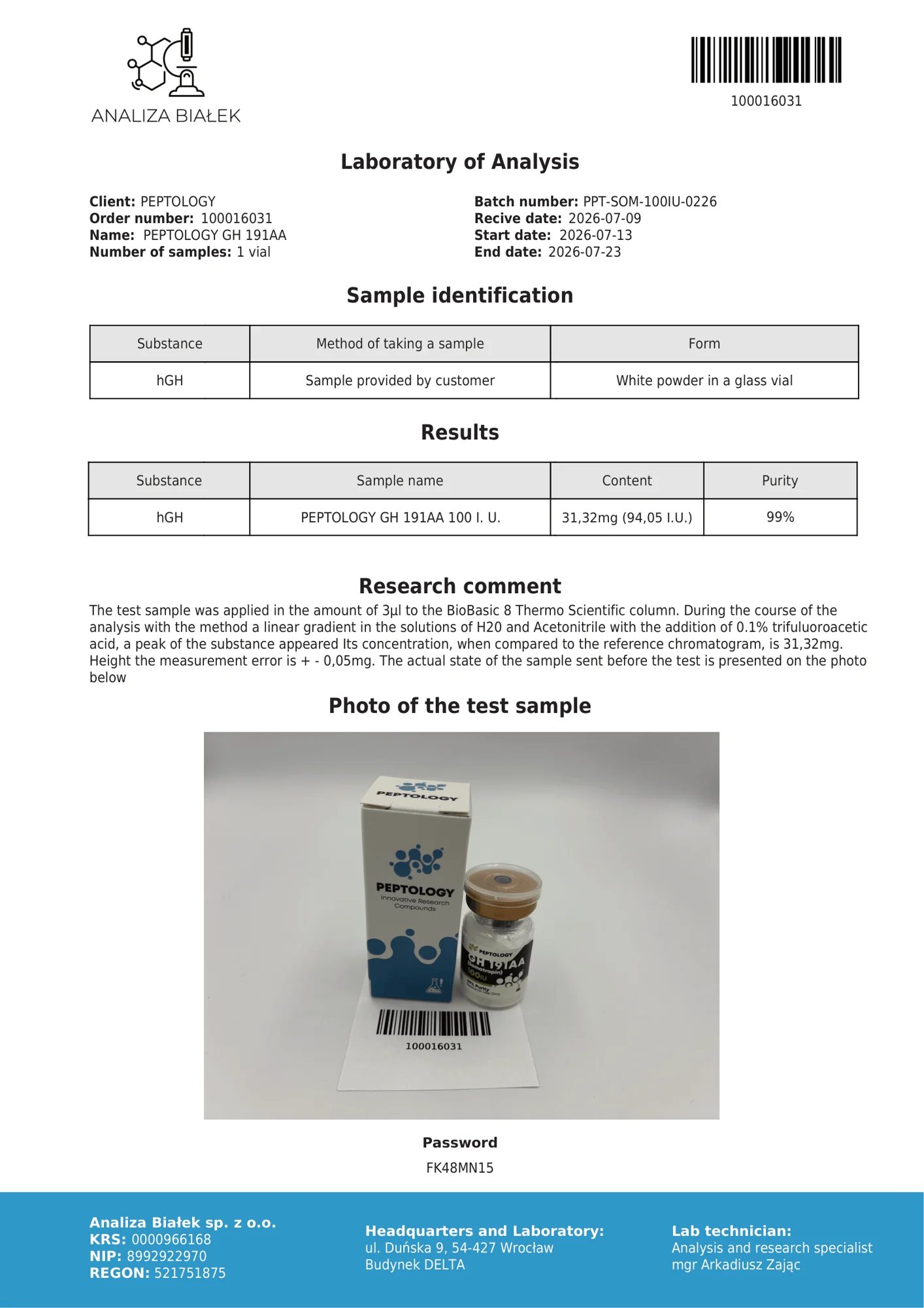 Somatropin 100 IU – HPLC purity certificate, batch 0226