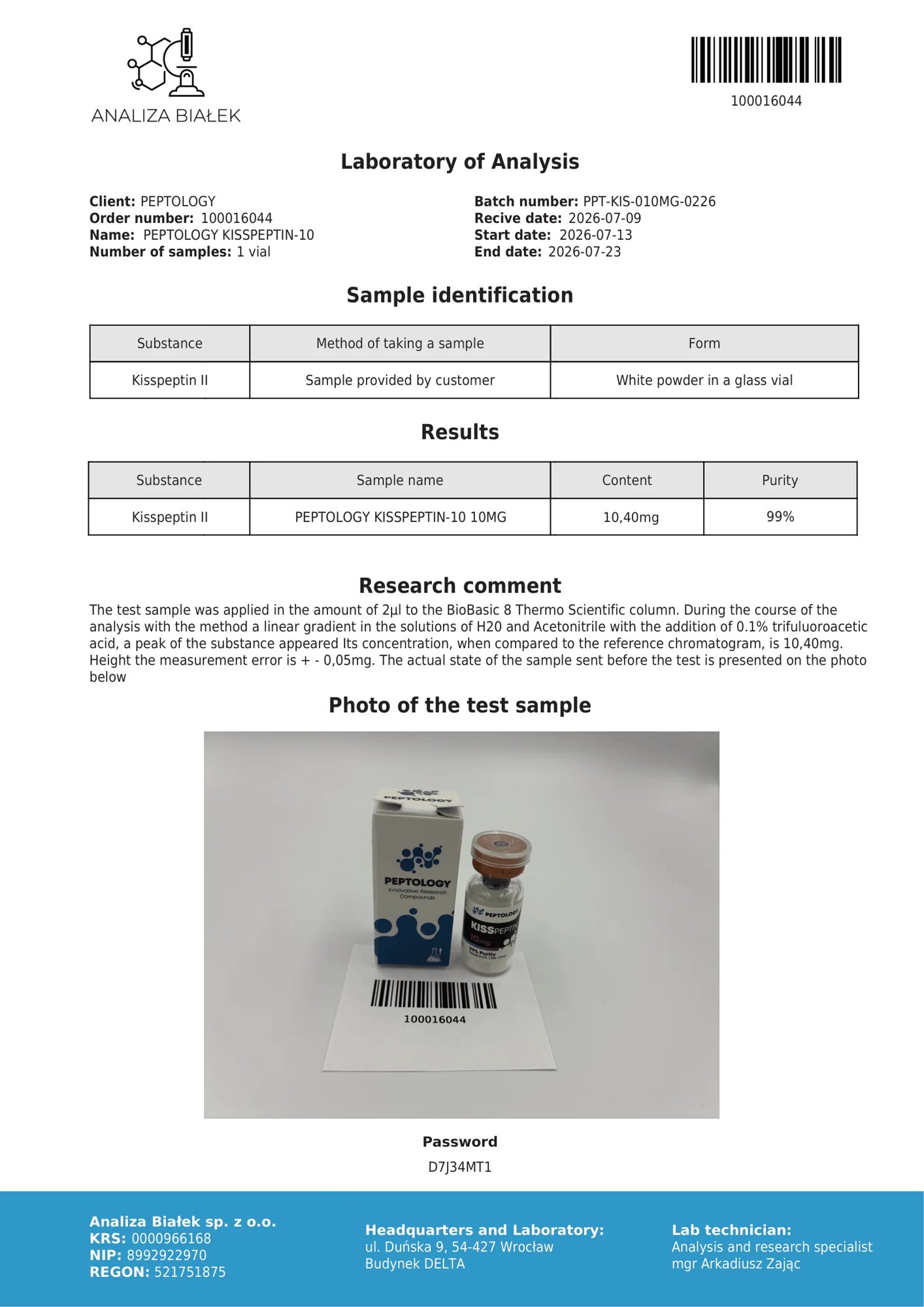 Kisspeptin-10 10 mg – HPLC purity certificate, batch 0226