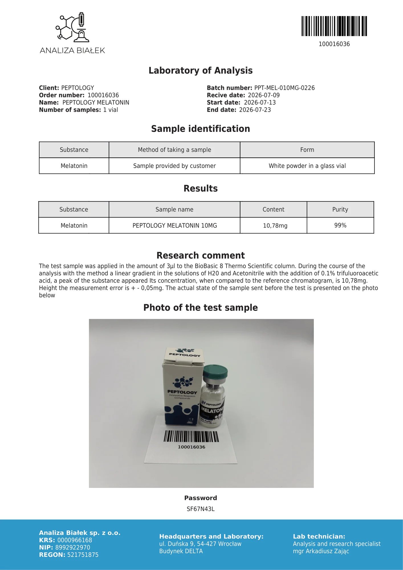 Melatonin 10 mg – HPLC purity certificate, batch 0226