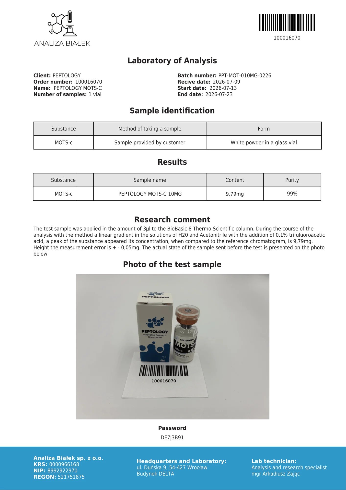 MOTS-c 10 mg – HPLC purity certificate, batch 0226