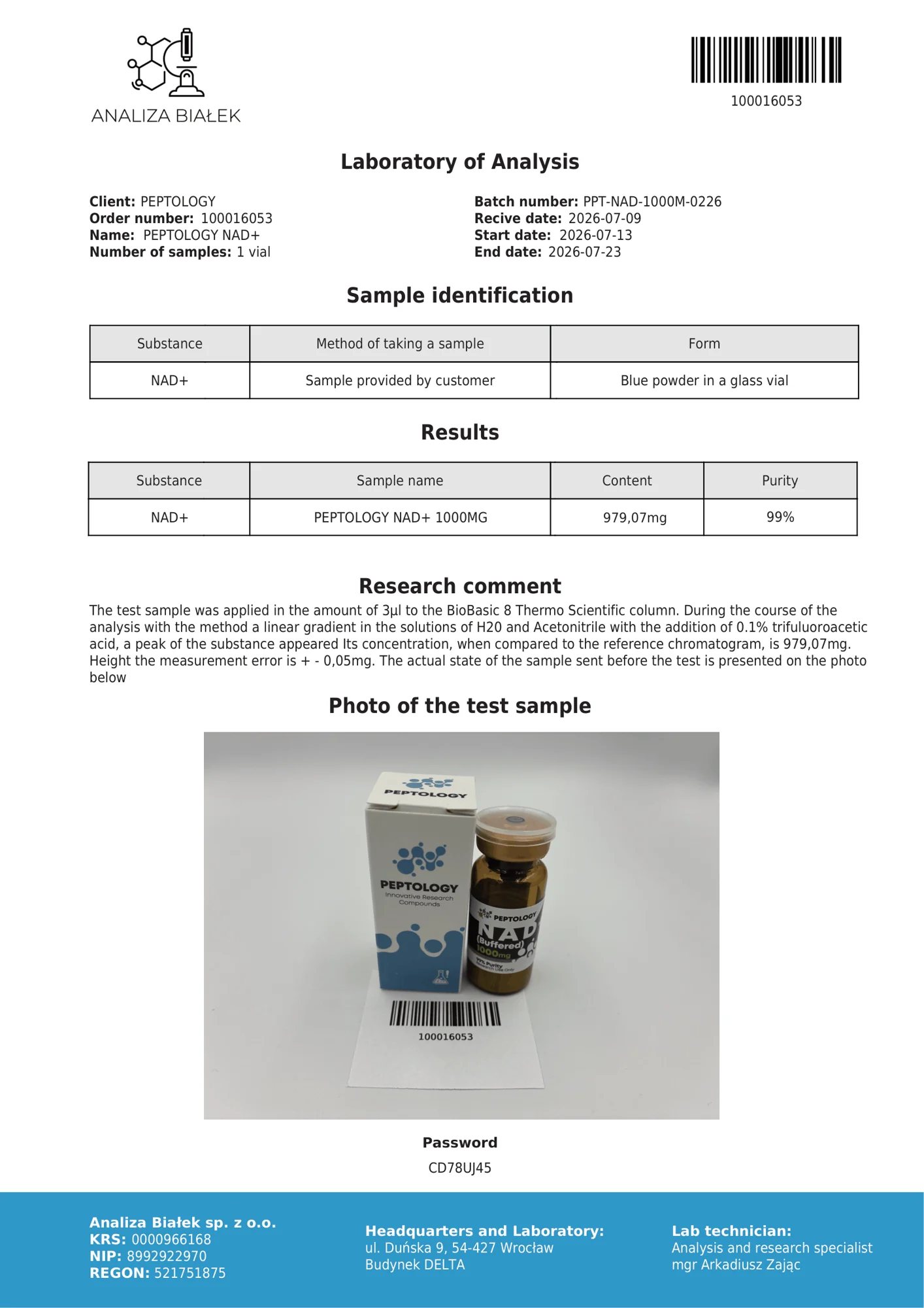 NAD+ 1000 mg – HPLC purity certificate, batch 0226