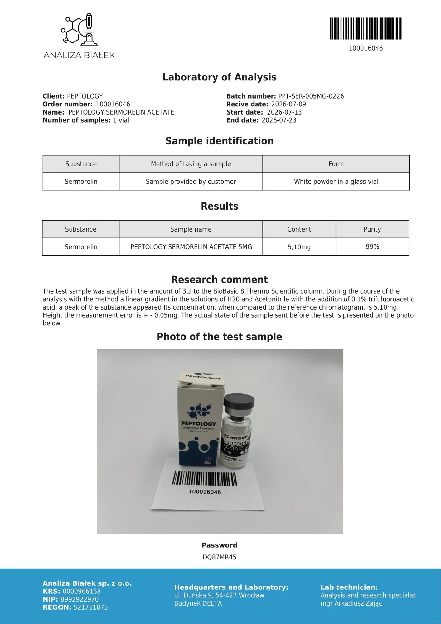 Sermorelin 5 mg – HPLC purity certificate, batch 0226