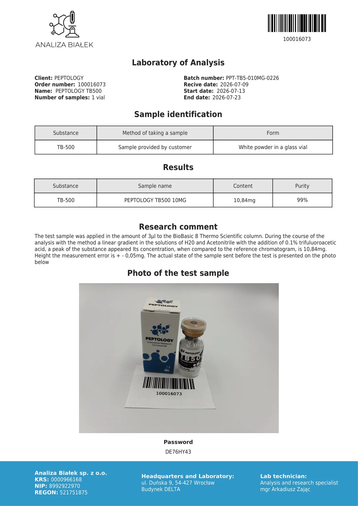 TB500 10 mg – HPLC purity certificate, batch 0226
