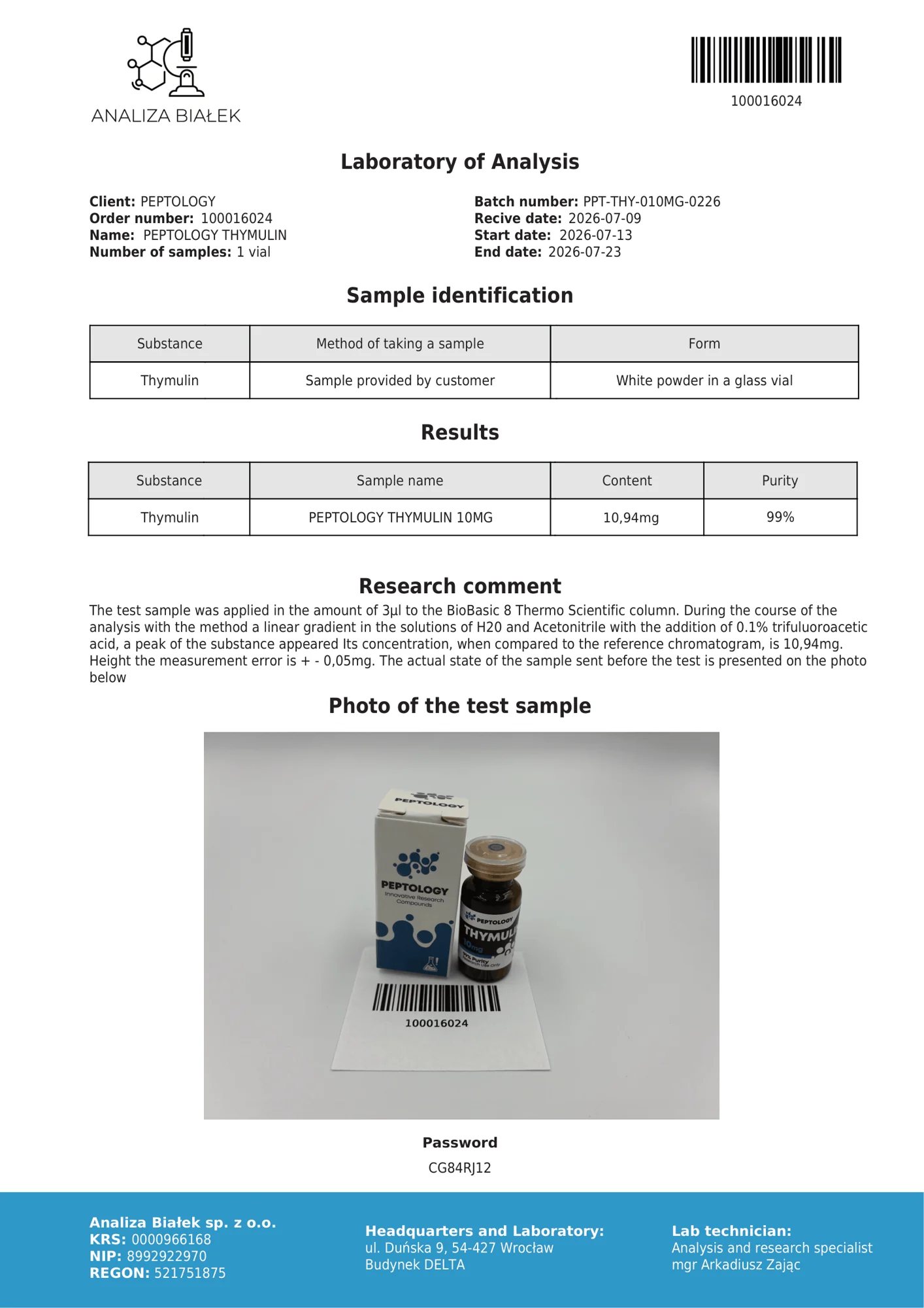 Thymulin 10 mg – HPLC purity certificate, batch 0226