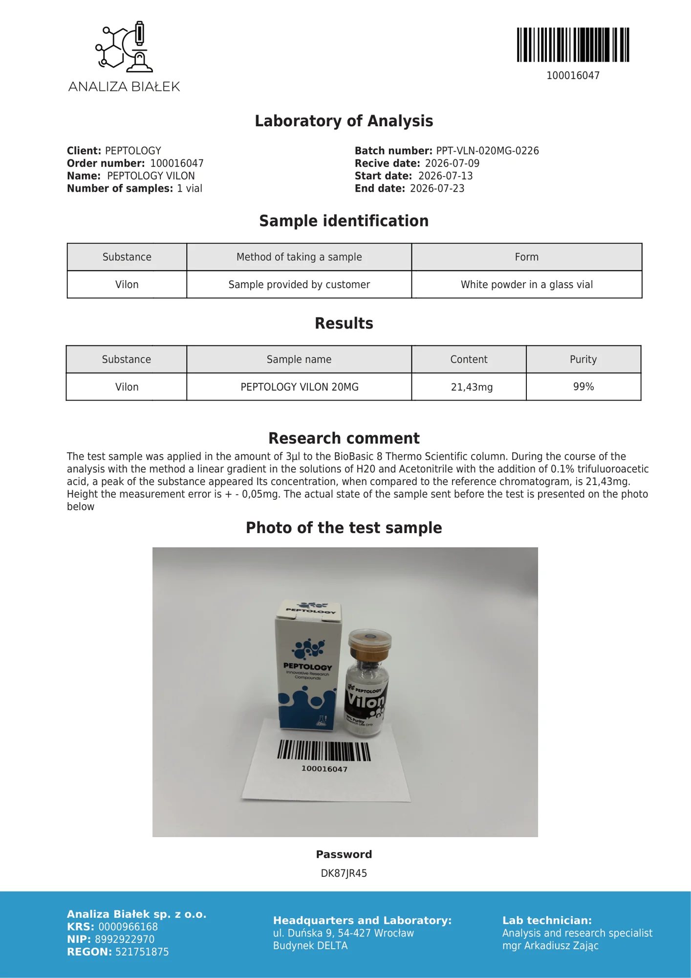 Vilon 20 mg – HPLC purity certificate, batch 0226