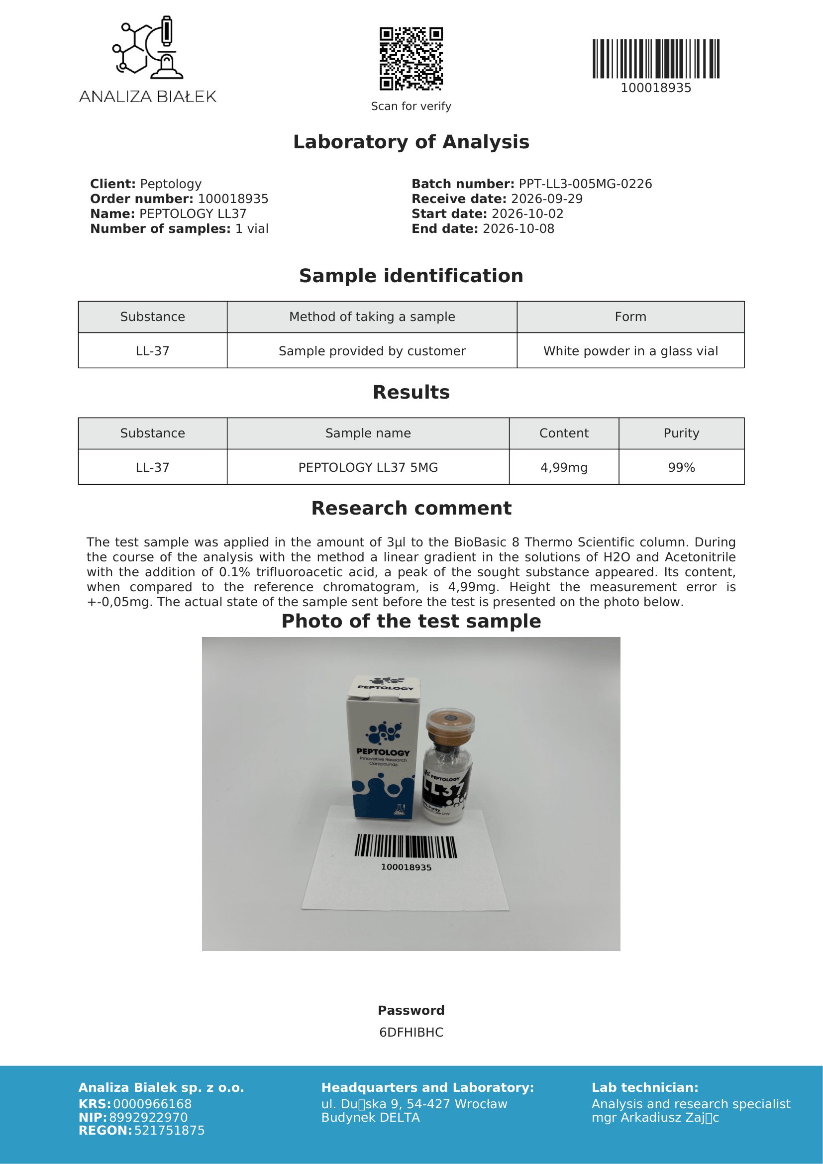 LL-37 5 mg – HPLC purity certificate, batch 0226